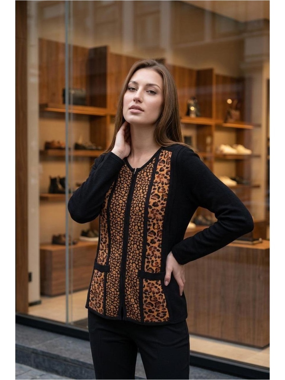 Misook Black and Brown Leopard Print Zip-Front Women's Top
